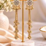 Gold Floral Long Chain Earrings with Crystal & Bell Drop Detailing