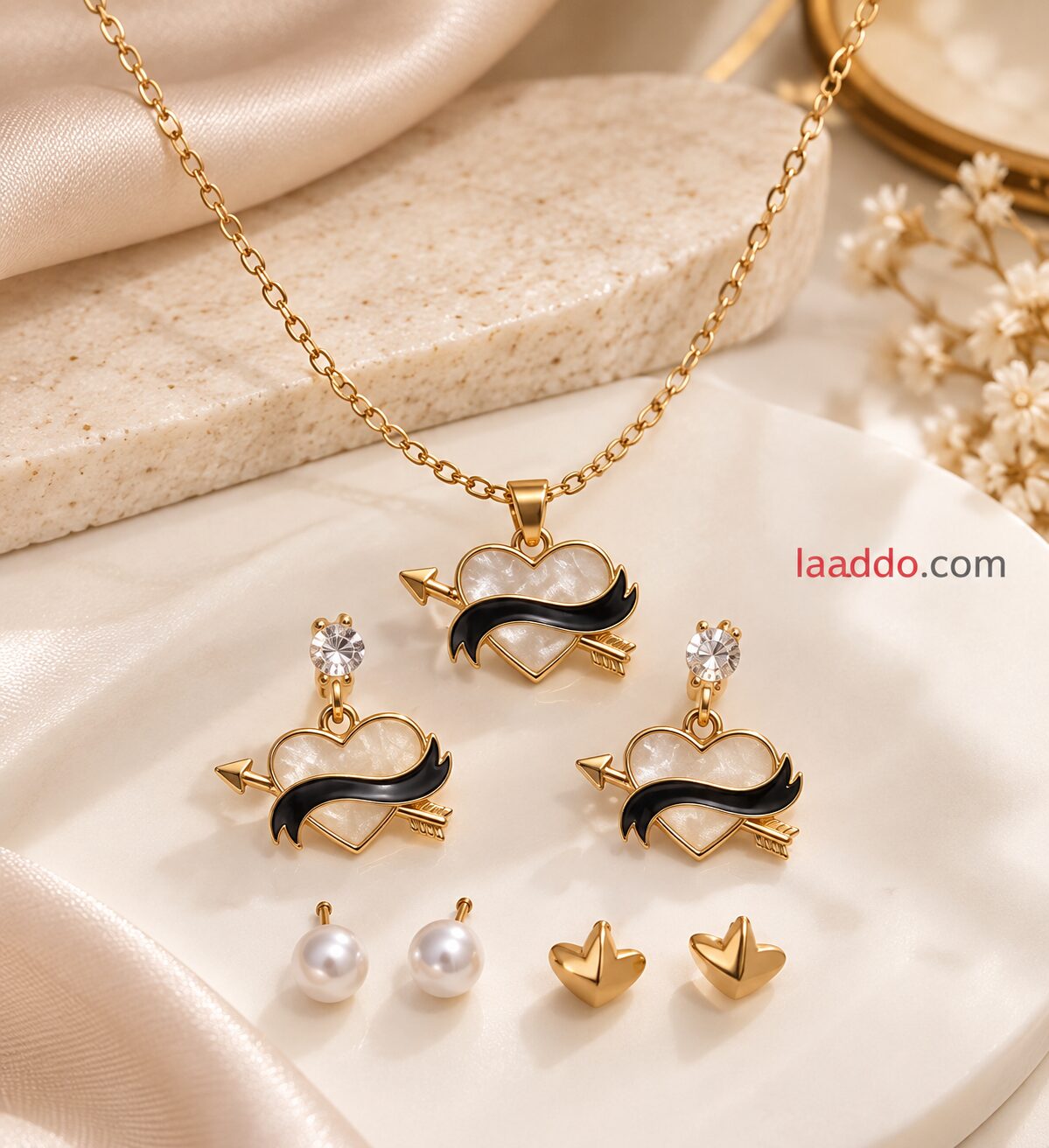 2026/09/1003581783.jpg Elegant Heart & Arrow Pearl Jewellery Set – Necklace, Earrings & Studs - Image 1