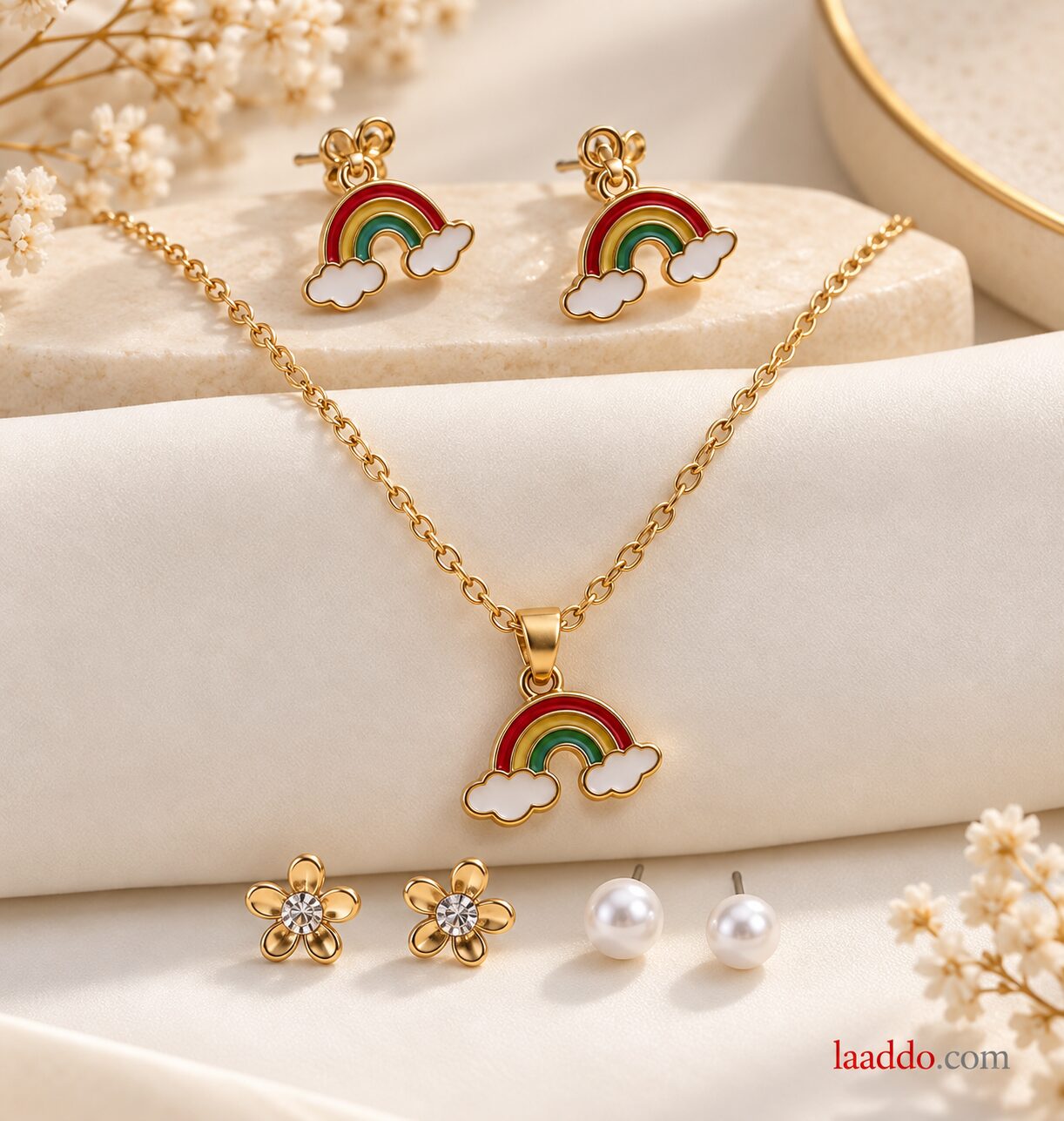2026/09/1003581792.jpg Rainbow Cloud Enamel Necklace & Earrings Set – Korean Fashion Jewellery - Image 1