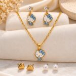 Blue Bow Cute Character Necklace & Earrings Set – Korean Fashion Jewellery