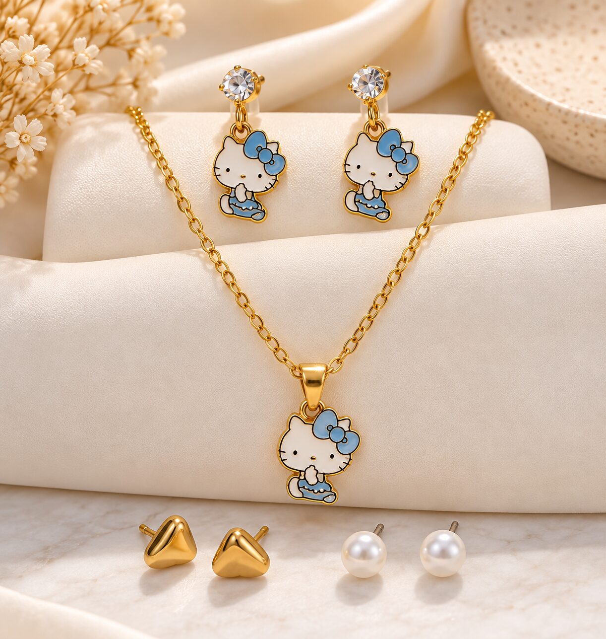 2026/09/1003581794.jpg Blue Bow Cute Character Necklace & Earrings Set – Korean Fashion Jewellery - Image 1