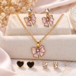 Pink Bow Pendant Necklace & Earrings Set – Korean Fashion Jewellery