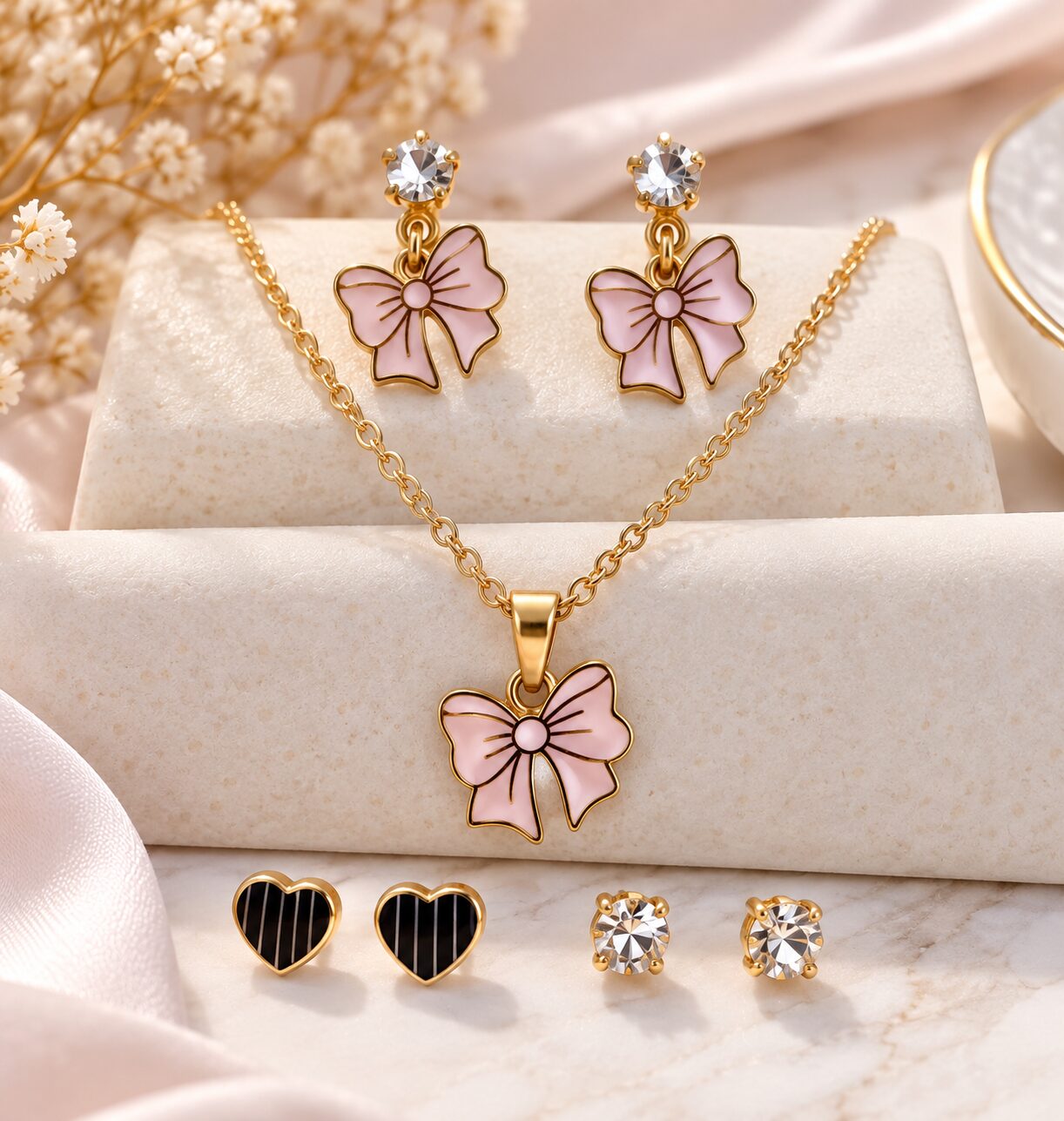 2026/09/1003581796.jpg Pink Bow Pendant Necklace & Earrings Set – Korean Fashion Jewellery - Image 1