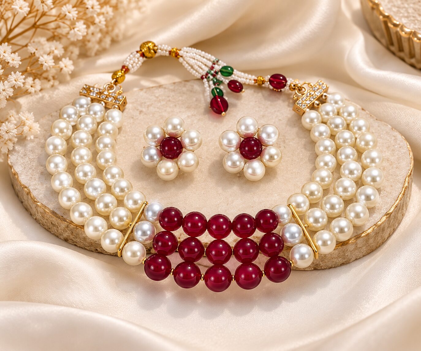 2026/09/1003581798.jpg Pearl & Red Beaded Statement Necklace Set – Premium Ethnic Jewellery - Image 1