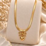 Gold Bow Heart Pendant Herringbone Necklace – Anti-Tarnish Jewellery