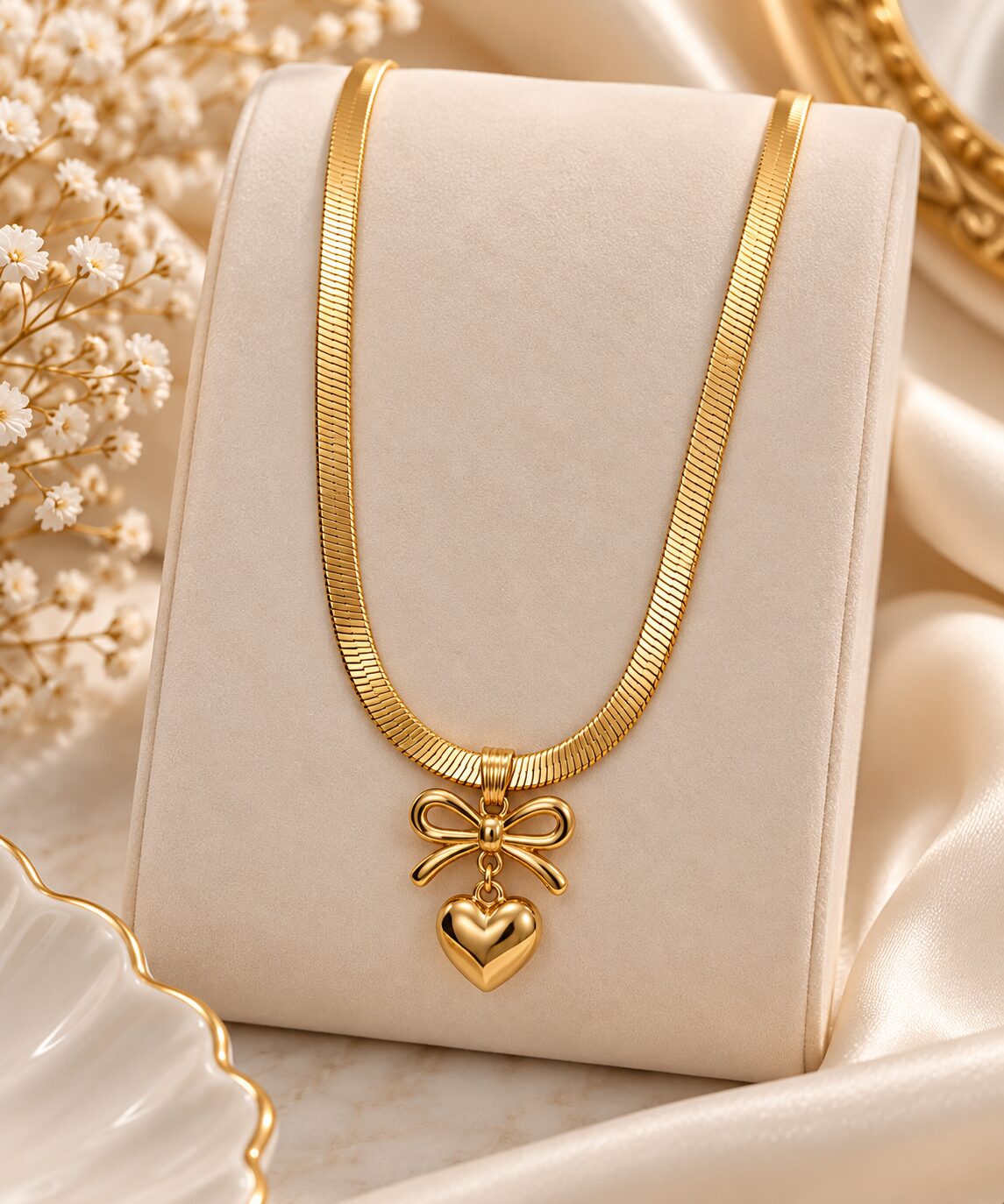 2026/09/1003581800.jpg Gold Bow Heart Pendant Herringbone Necklace – Anti-Tarnish Jewellery - Image 1