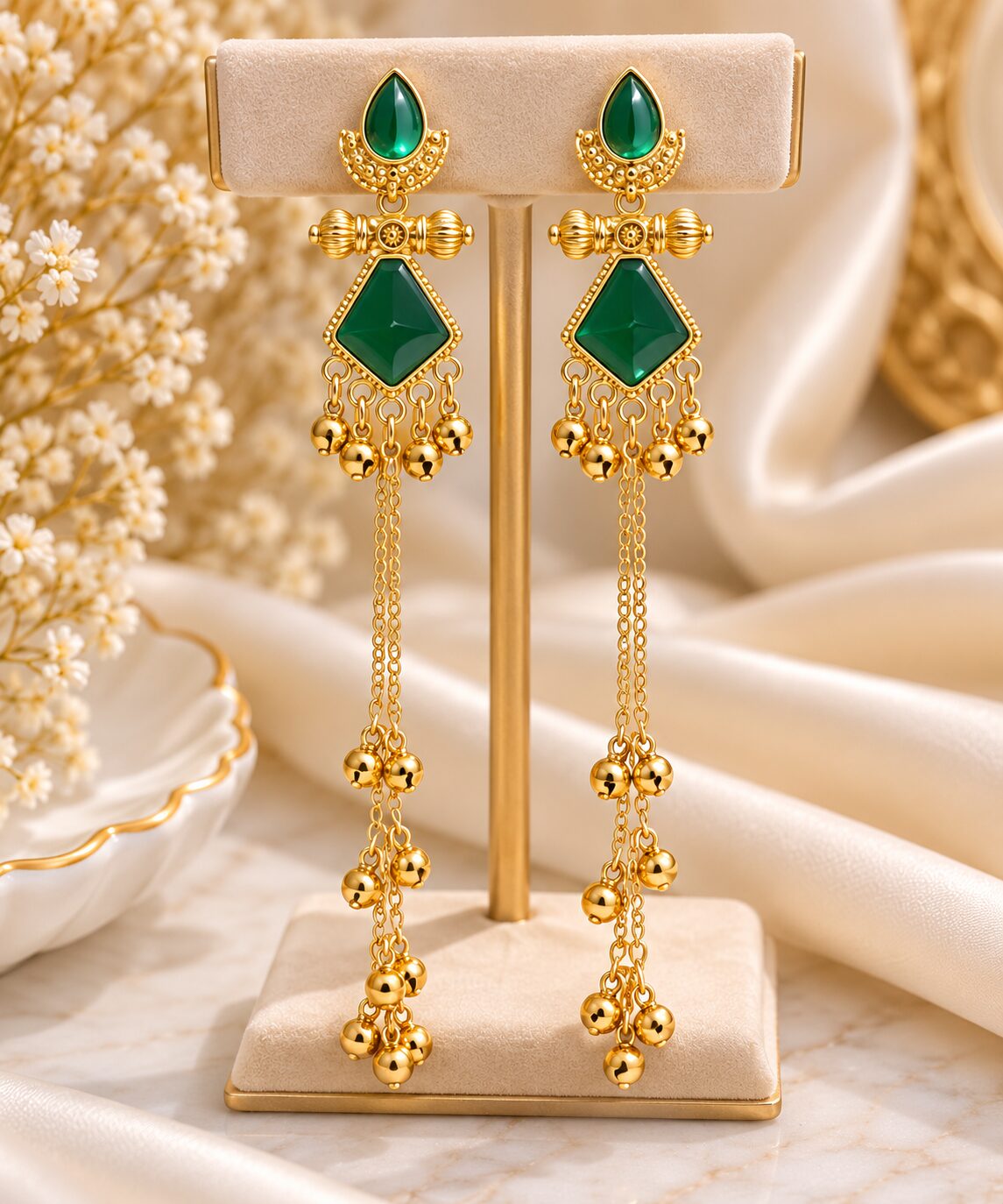 2026/09/1003581804.jpg Emerald Green Long Chain Drop Earrings – Premium Ethnic Jewellery - Image 1