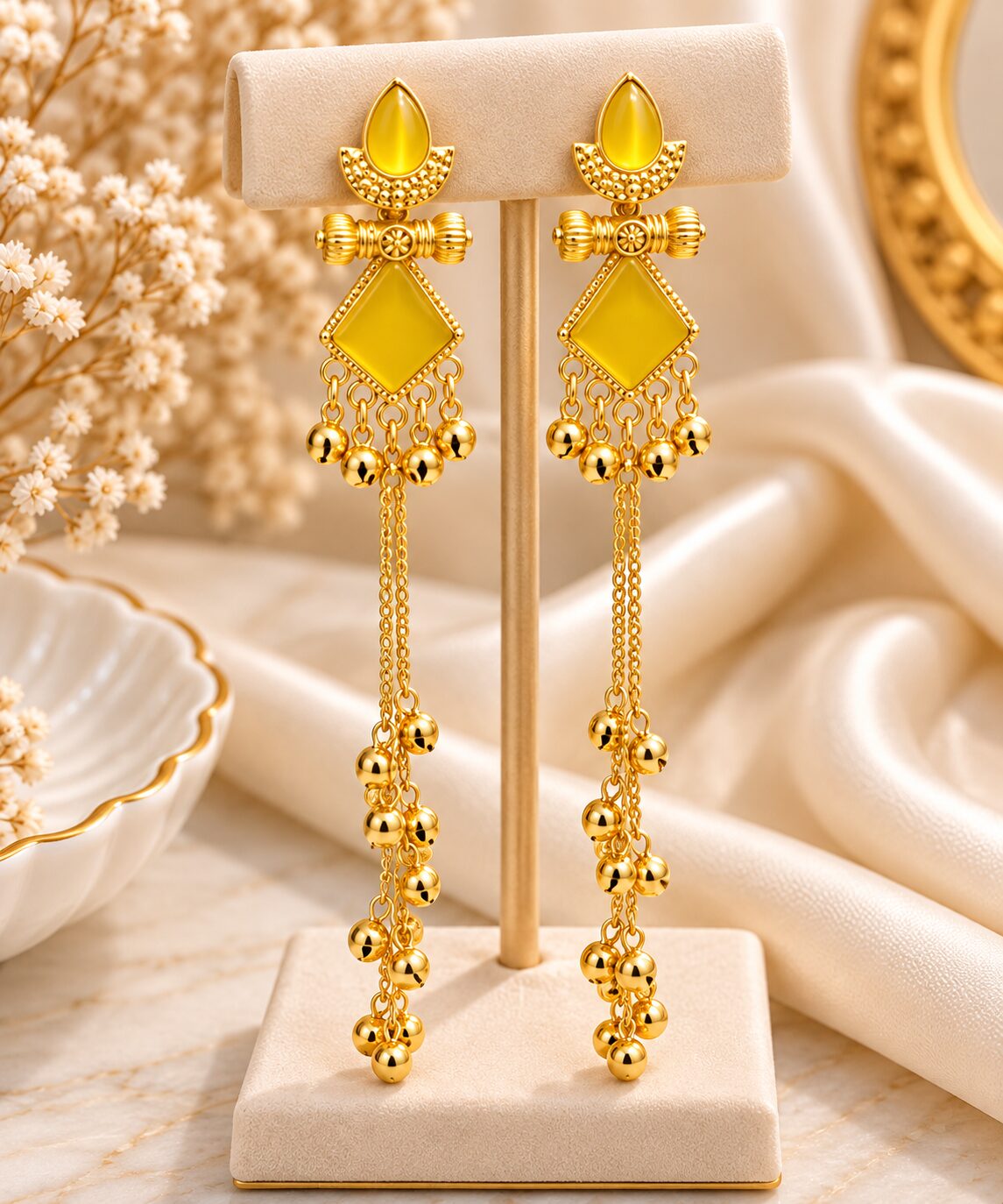 2026/09/1003581806.jpg Yellow Stone Long Chain Drop Earrings – Premium Ethnic Jewellery - Image 1