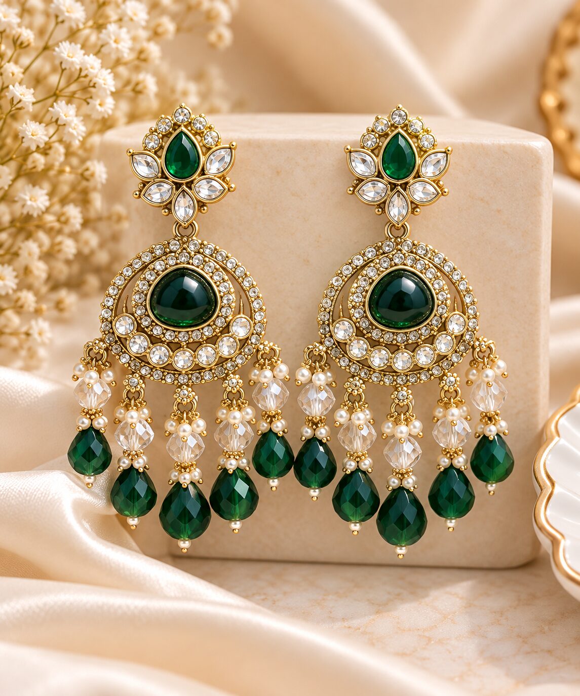2026/09/1003581808.jpg Emerald Green Kundan Jhumka Earrings – Premium Bridal & Ethnic Jewellery - Image 1