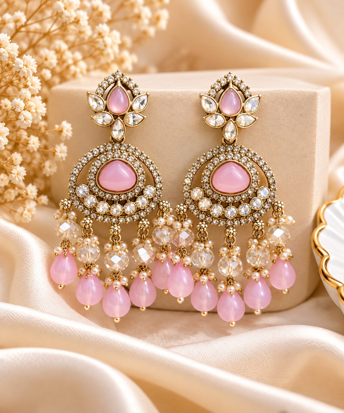 2026/09/1003581810.jpg Pink Stone Kundan Chandelier Earrings – Premium Bridal Jewellery - Image 1