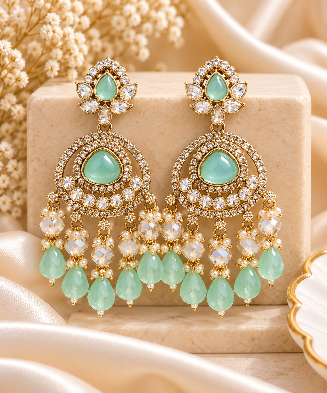 2026/09/1003581812.jpg Mint Green Stone Kundan Chandelier Earrings – Premium Bridal Jewellery - Image 1
