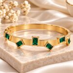 Emerald Green Stone Gold Plated Designer Bangle – Premium Korean Style Bracelet