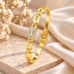 Gold Plated Rectangle Stone AD Designer Bracelet – Premium Korean Style
