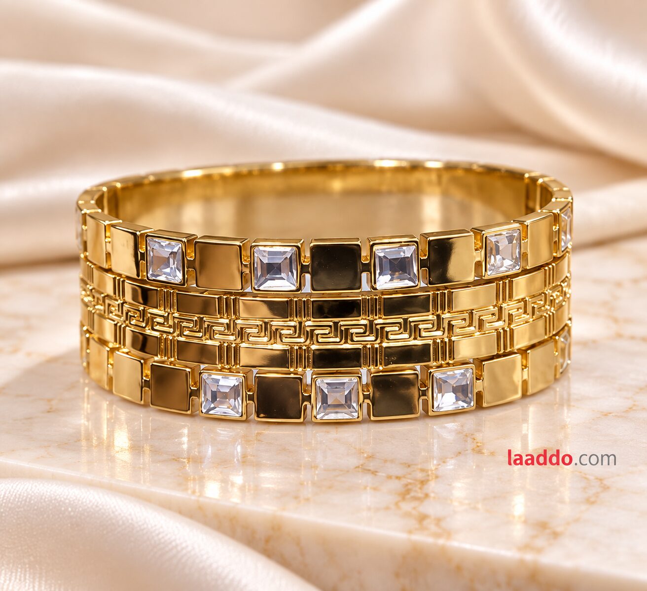 2026/09/1003581939.jpg Premium Gold-Tone Greek Key Crystal Cuff Bracelet - Image 1