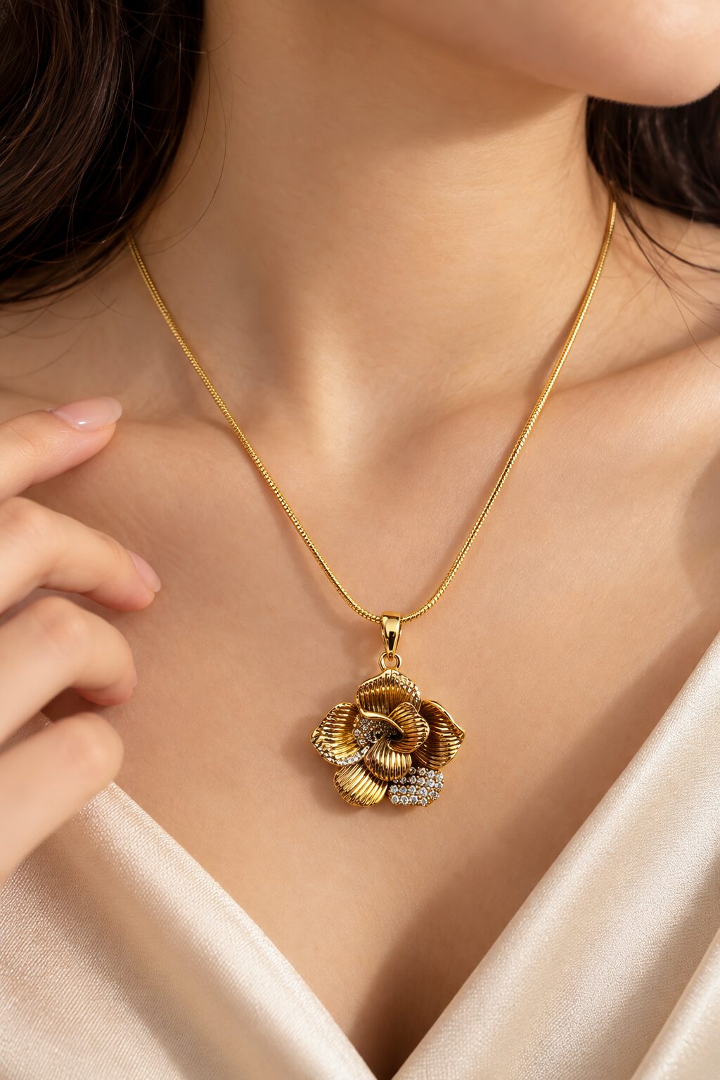 2026/09/30306.jpg Gold Plated Floral Pendant Necklace with Sparkling CZ Stones for Women - Image 1