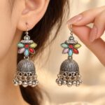 Multicolor Floral Oxidised Silver Jhumka Earrings for Women