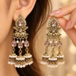 Royal Pink Crystal Kundan Chandbali Earrings with Pearl Jhumka Drops