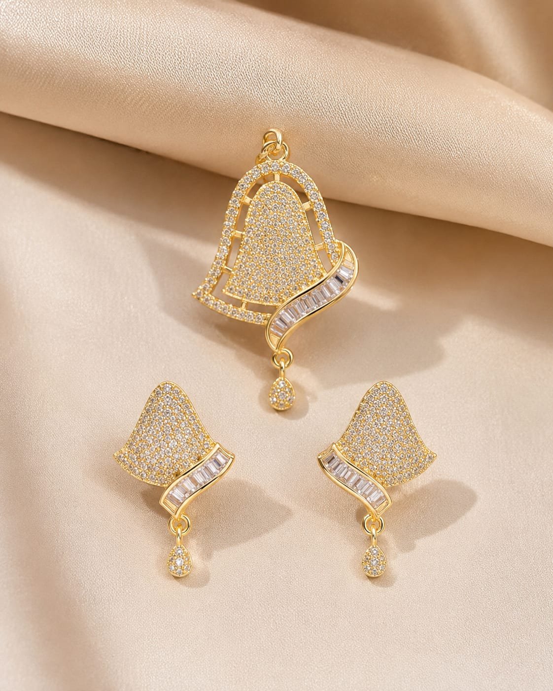 2026/09/3387.jpg Elegant Gold-Plated Bell Design CZ Pendant & Earrings Set - Image 1