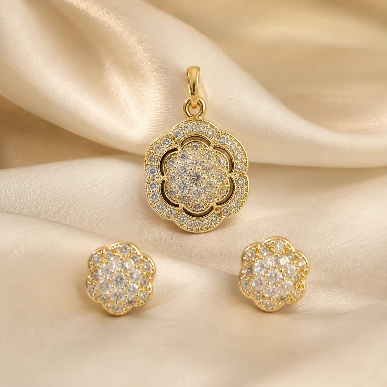 2026/09/3397.jpg Title: Golden Floral CZ Pendant & Stud Earrings Set - Image 1