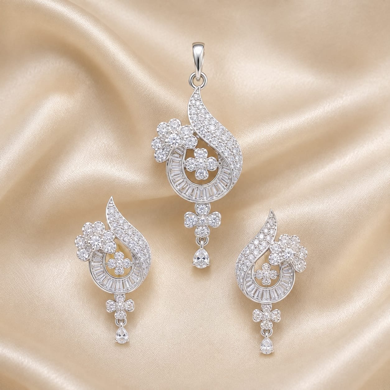 2026/09/3411.jpg Silver Floral Paisley CZ Pendant & Earrings Set - Image 1