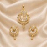 Golden Teardrop Halo CZ Pendant & Earrings Set