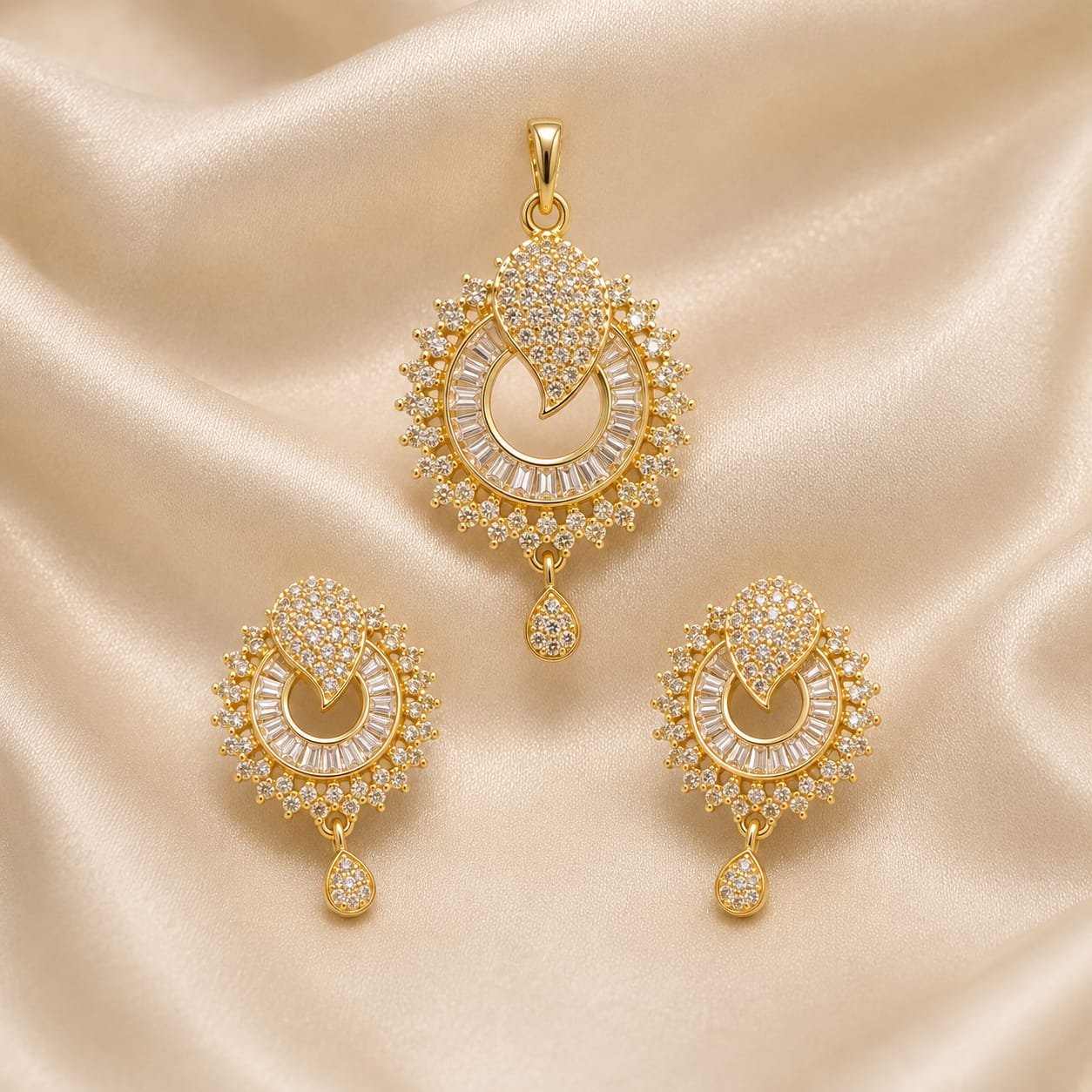 2026/09/3414.jpg Golden Teardrop Halo CZ Pendant & Earrings Set - Image 1