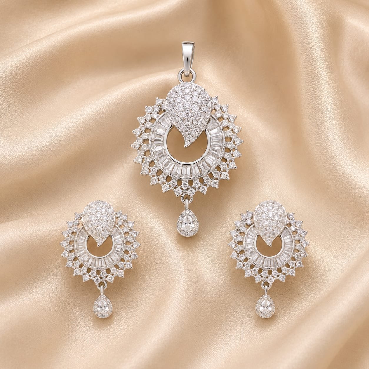 2026/09/3417.jpg Silver Teardrop Halo CZ Pendant & Earrings Set - Image 1