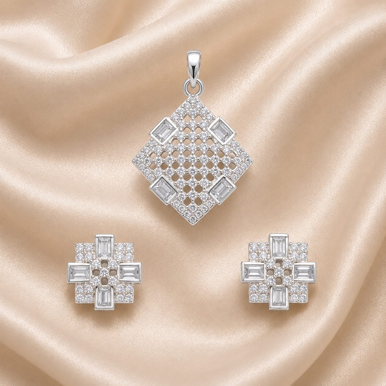 2026/09/3438.jpg Silver Geometric Baguette CZ Pendant & Earrings Set - Image 1