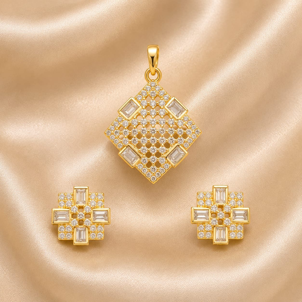 2026/09/3442.jpg Golden Geometric Baguette CZ Pendant & Earrings Set - Image 1