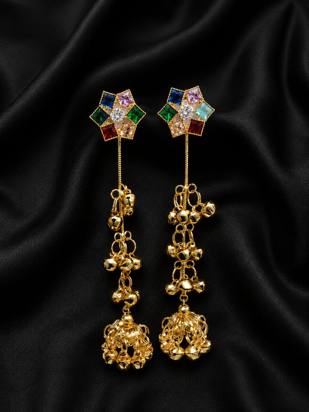 2026/09/3585.jpg Multicolor Stone Gold Long Jhumka Drop Earrings ✨ - Image 1