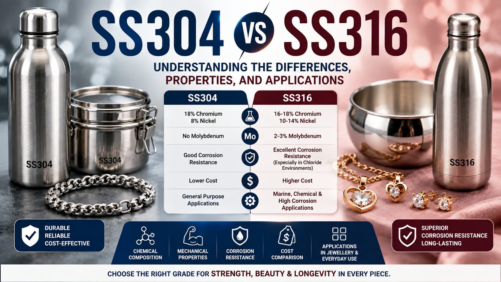 SS304 vs SS316 stainless steel comparison showing properties and applications