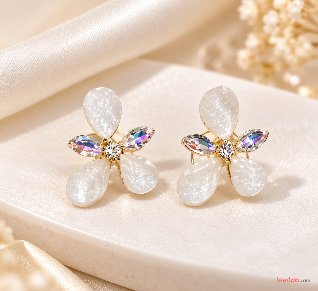 2026/10/1001799391-1.jpg Elegant White Crystal Flower Earrings | Korean Designer Earrings | LAADDO - Image 1