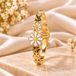 Golden Floral Daisy Bangle | White Enamel Flower Designer Bracelet