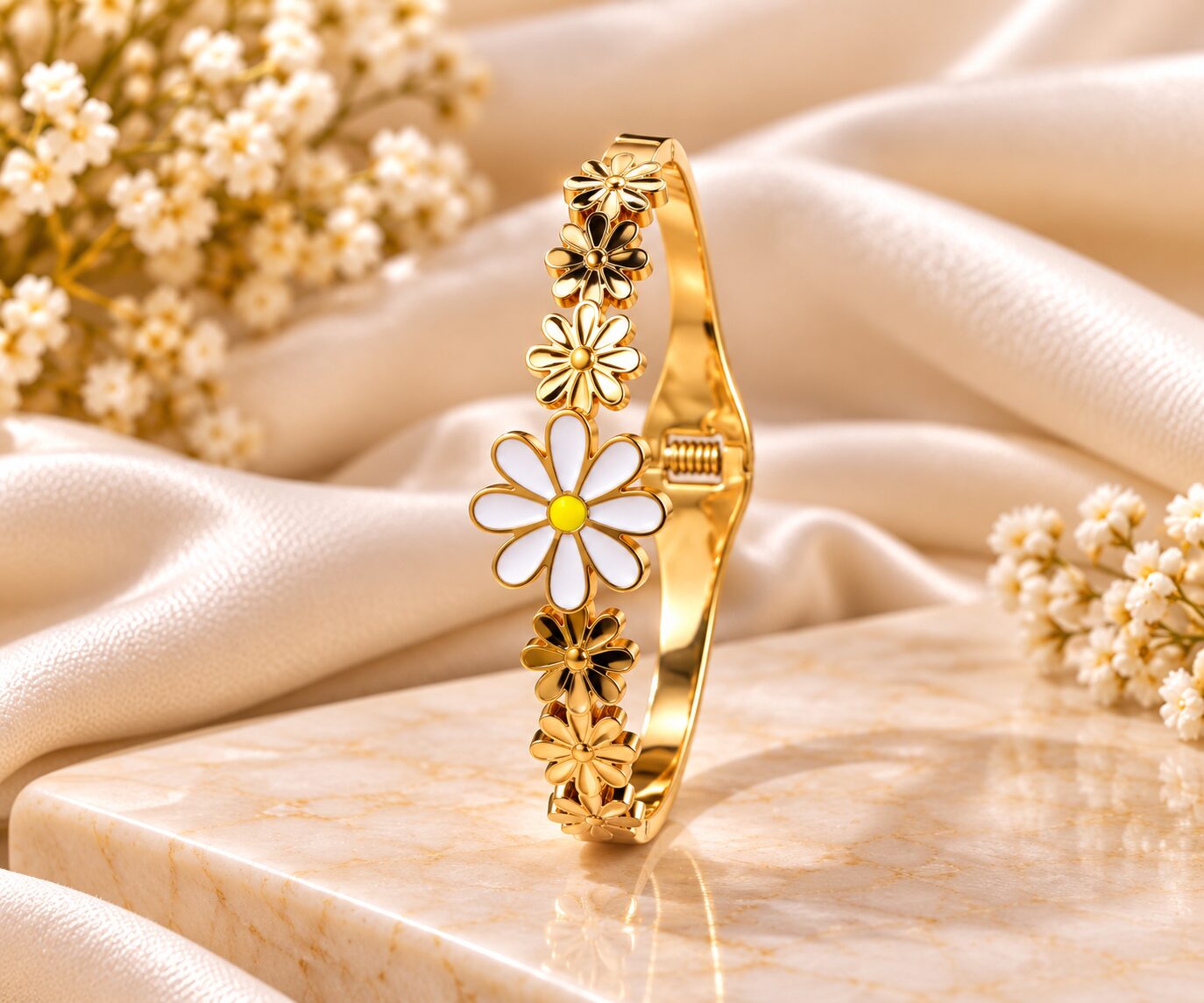 2026/10/1001799531.jpg Golden Floral Daisy Bangle | White Enamel Flower Designer Bracelet - Image 1