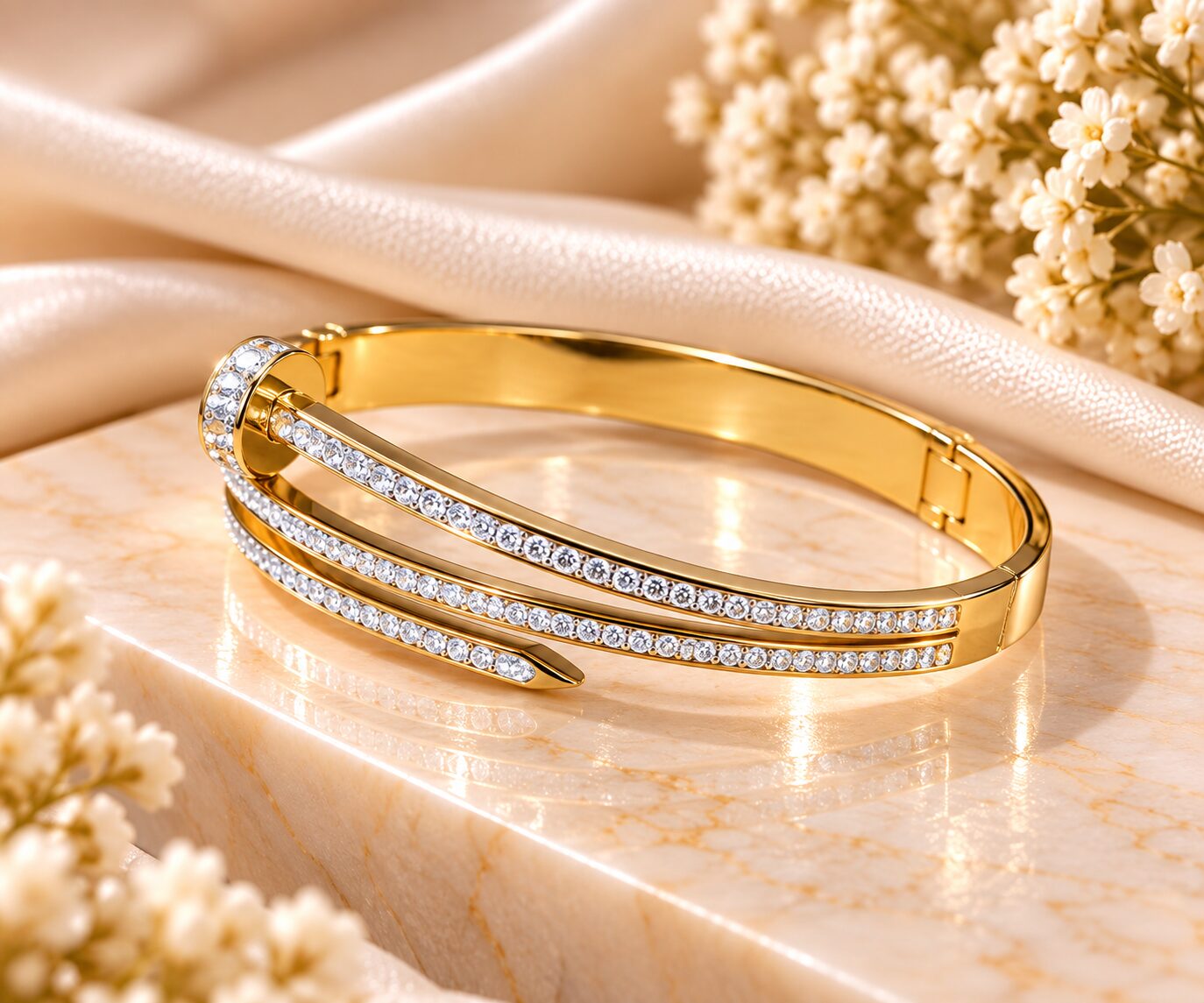 2026/10/1001799536.jpg Golden Nail Style Crystal Cuff Bracelet | Elegant Women’s Designer Bangle - Image 1