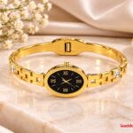 Luxury Gold Black Dial Crystal Bangle Watch