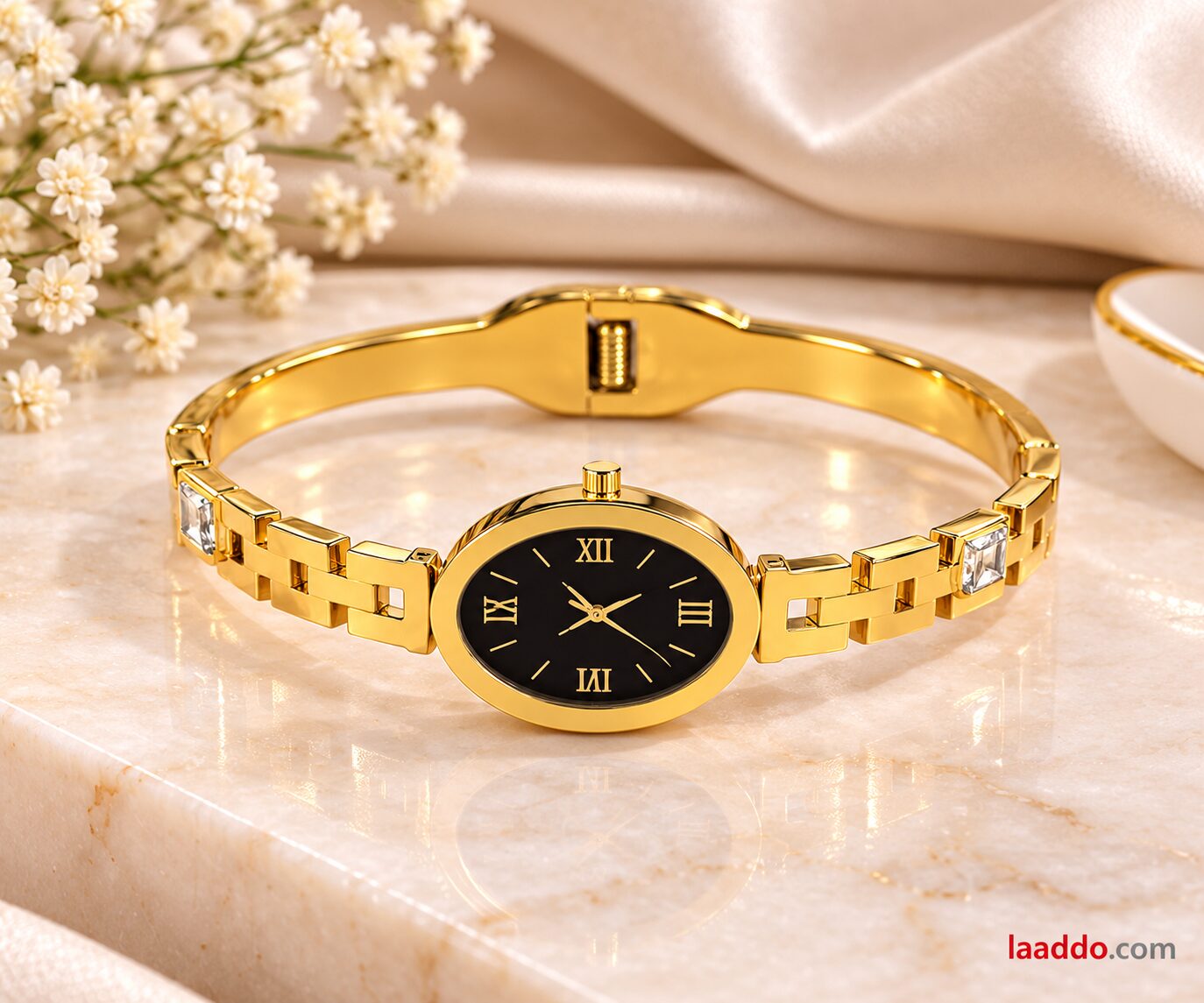 2026/10/1001799590.jpg Luxury Gold Black Dial Crystal Bangle Watch - Image 1