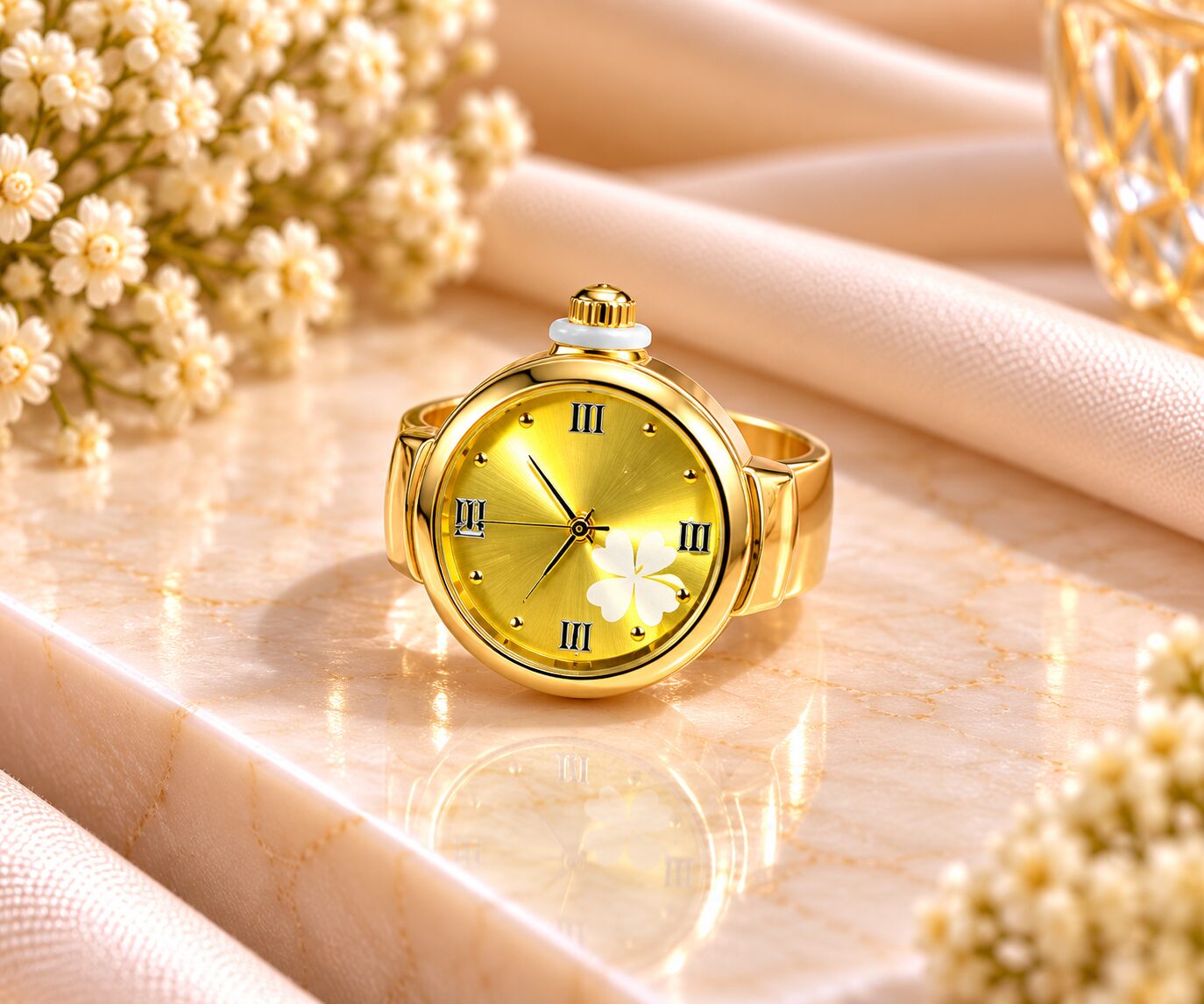 2026/10/1001799594.jpg Elegant Gold-Tone Green Dial Ring Watch with Clover Detail – Women’s Fashion Watch - Image 1