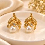 Elegant Golden Leaf Pearl Drop Earrings