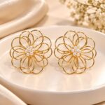 Elegant Golden Floral Pearl Statement Earrings