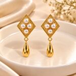 Elegant Gold Pearl Diamond-Shaped Drop Earrings