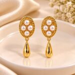 Elegant Gold Oval Pearl Drop Earrings
