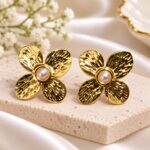 Gold-Tone Textured Flower Pearl Stud Earrings – Elegant Floral Earrings