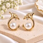 Gold-Tone Pearl Leaf Earrings – Elegant Crystal Accent Earrings