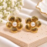 Gold-Tone Textured Flower Pearl Stud Earrings – Elegant Floral Earrings
