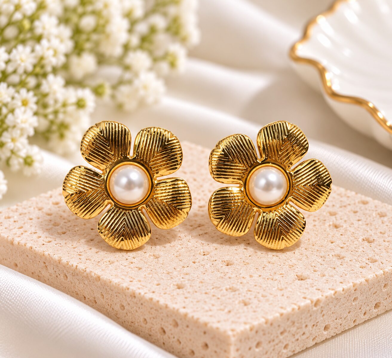 2026/10/1001801296.jpg Gold-Tone Textured Flower Pearl Stud Earrings – Elegant Floral Earrings - Image 1