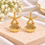 Gold-Tone Starfish & Seashell Drop Earrings – Elegant Beach-Inspired Earrings