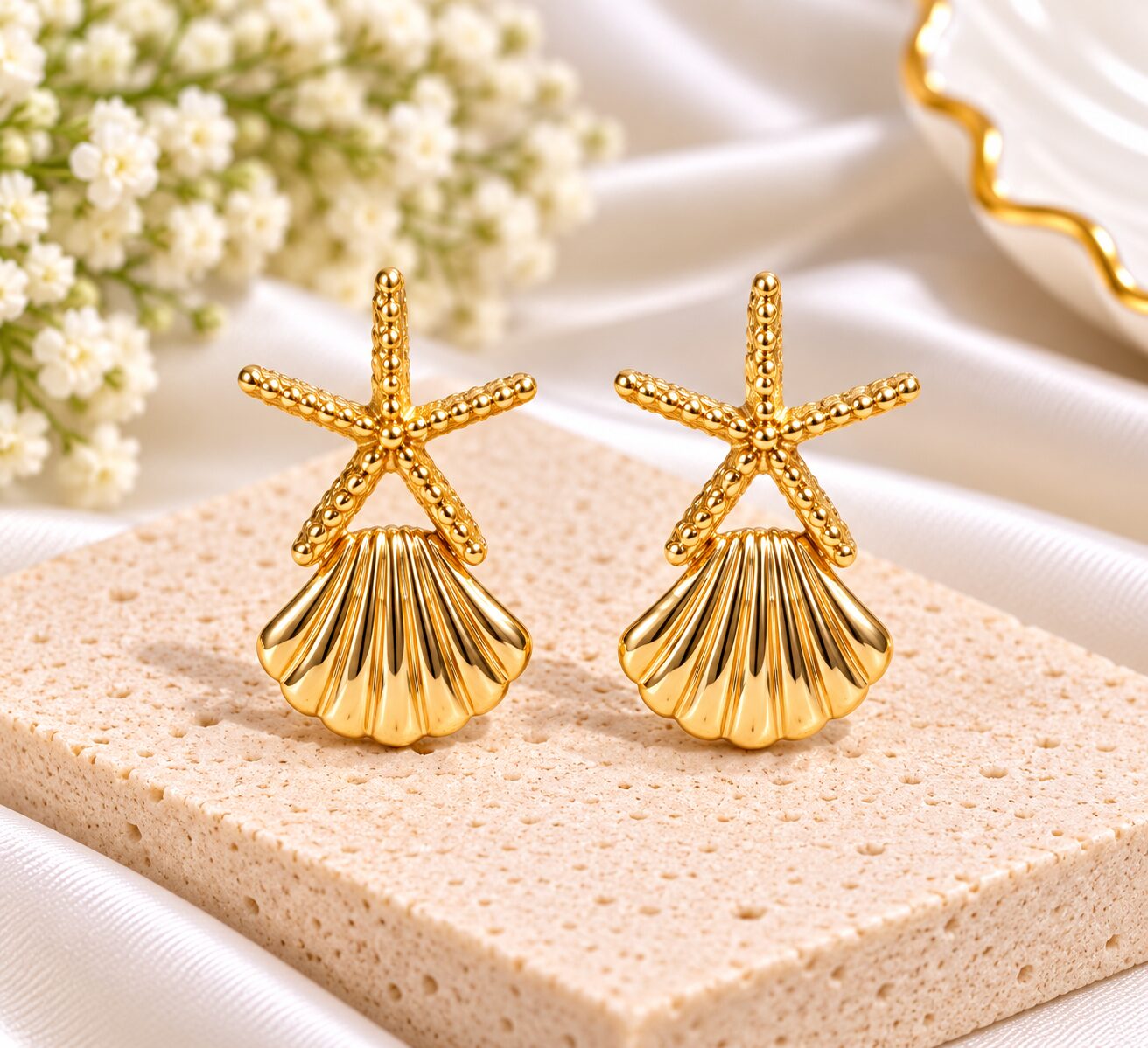 2026/10/1001801300.jpg Gold-Tone Starfish & Seashell Drop Earrings – Elegant Beach-Inspired Earrings - Image 1