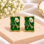 Green Enamel Floral Stud Earrings – Gold-Tone Elegant Flower Earrings