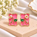 Pink Enamel Floral Stud Earrings – Gold-Tone Elegant Flower Earrings